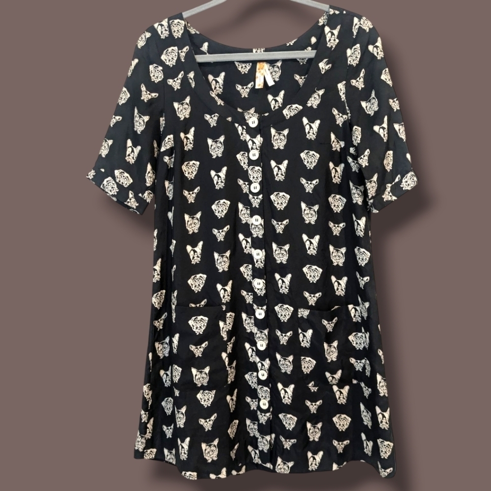 Anthropologie Black Dog Print 100% Silk Short Sleeve Button-Up Mini Slip Dress